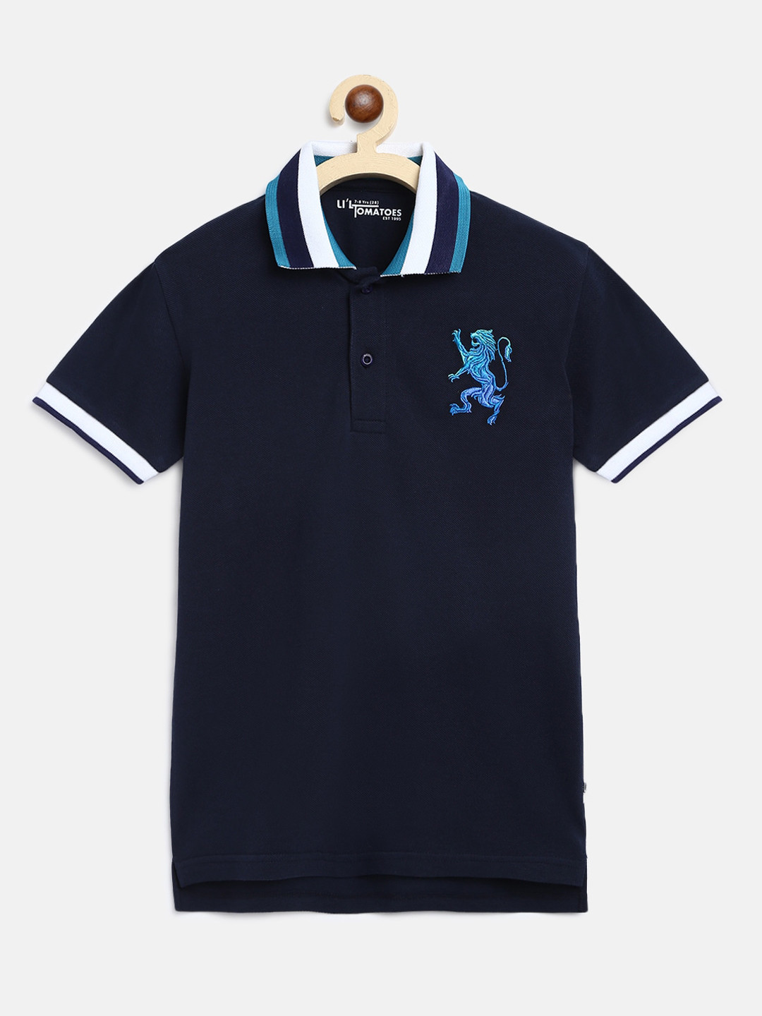 

Lil Tomatoes Boys Navy Blue Solid Polo Collar T-shirt With A Pen