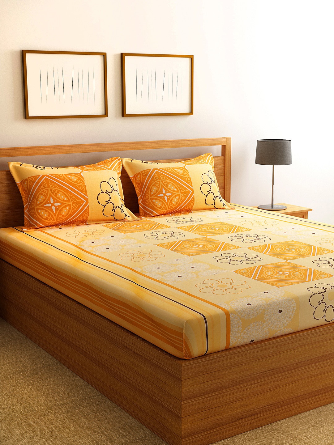 

Florida Yellow Floral 144 TC Polycotton 1 Queen Bedsheet with 2 Pillow Covers