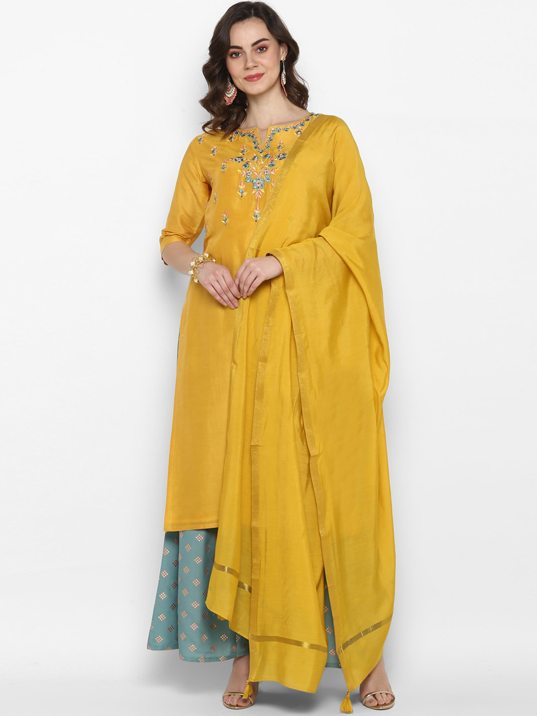 

Janasya Women Yellow & Green Embroidered Kurta with Palazzos & Dupatta