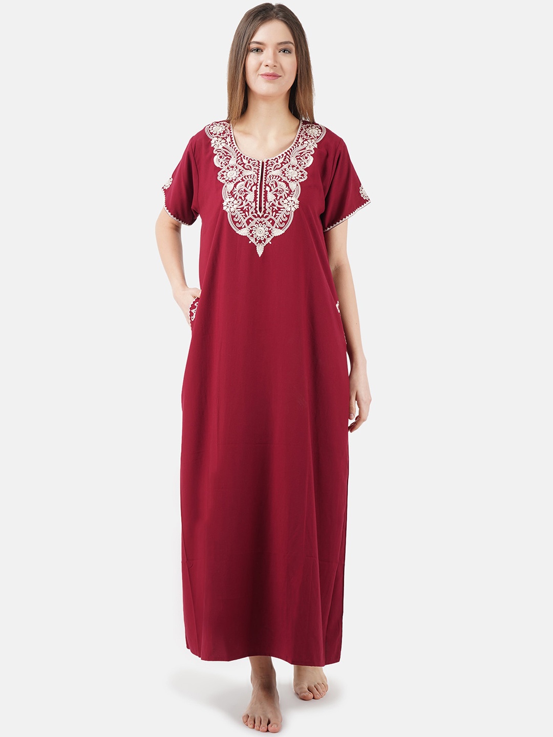 

KOI SLEEPWEAR Maroon Embroidered Cotton Maxi Nightdress