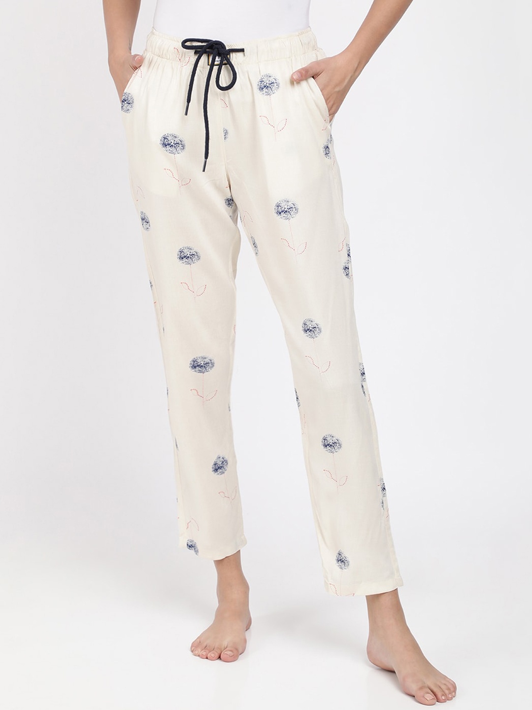 

Bene Kleed Women Cream-Coloured & Blue Printed Anti-Microbial Lounge Pants