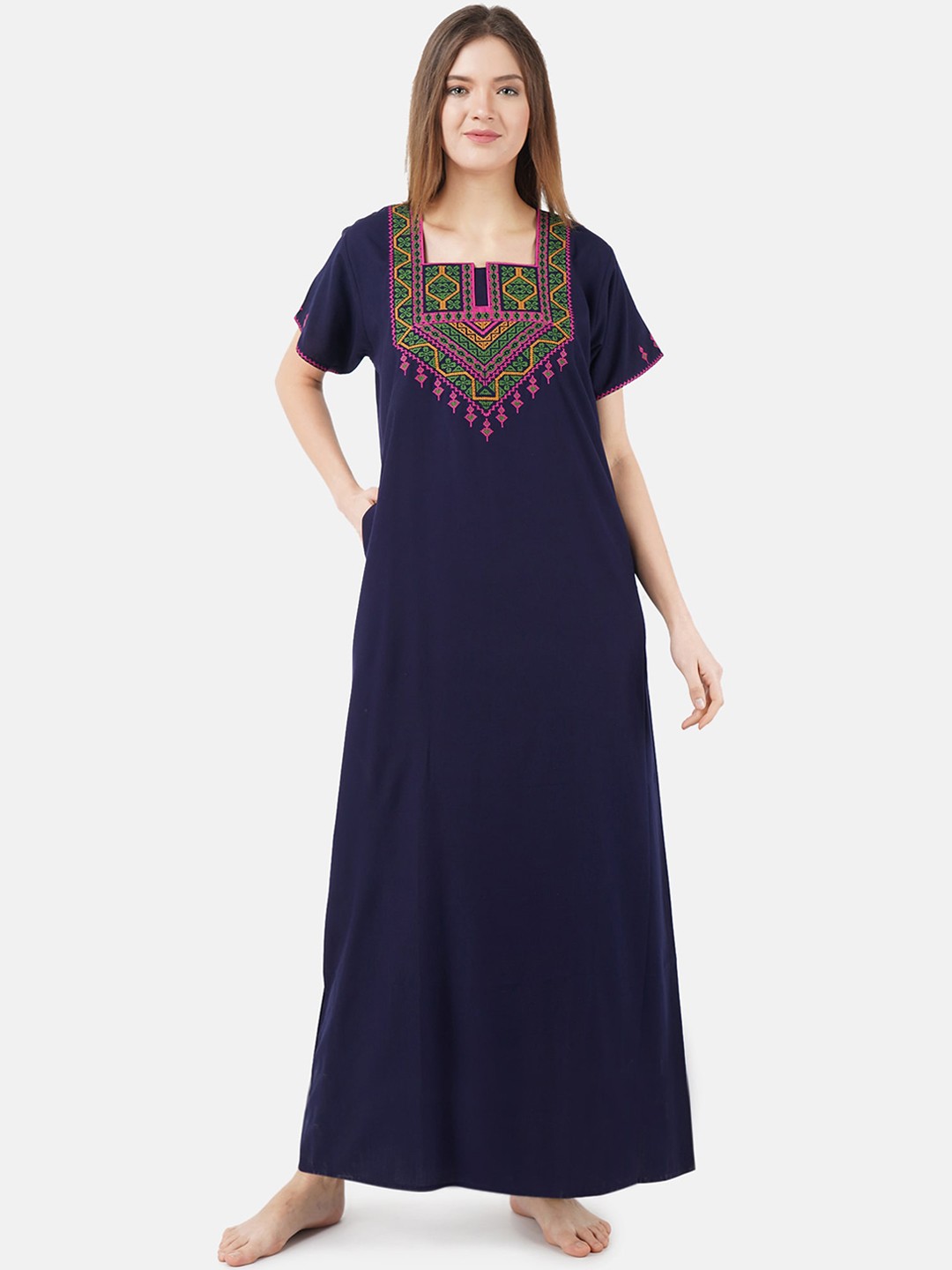 

KOI SLEEPWEAR Navy Blue Embroidered Lissybissy Cotton Maxi Nightdress