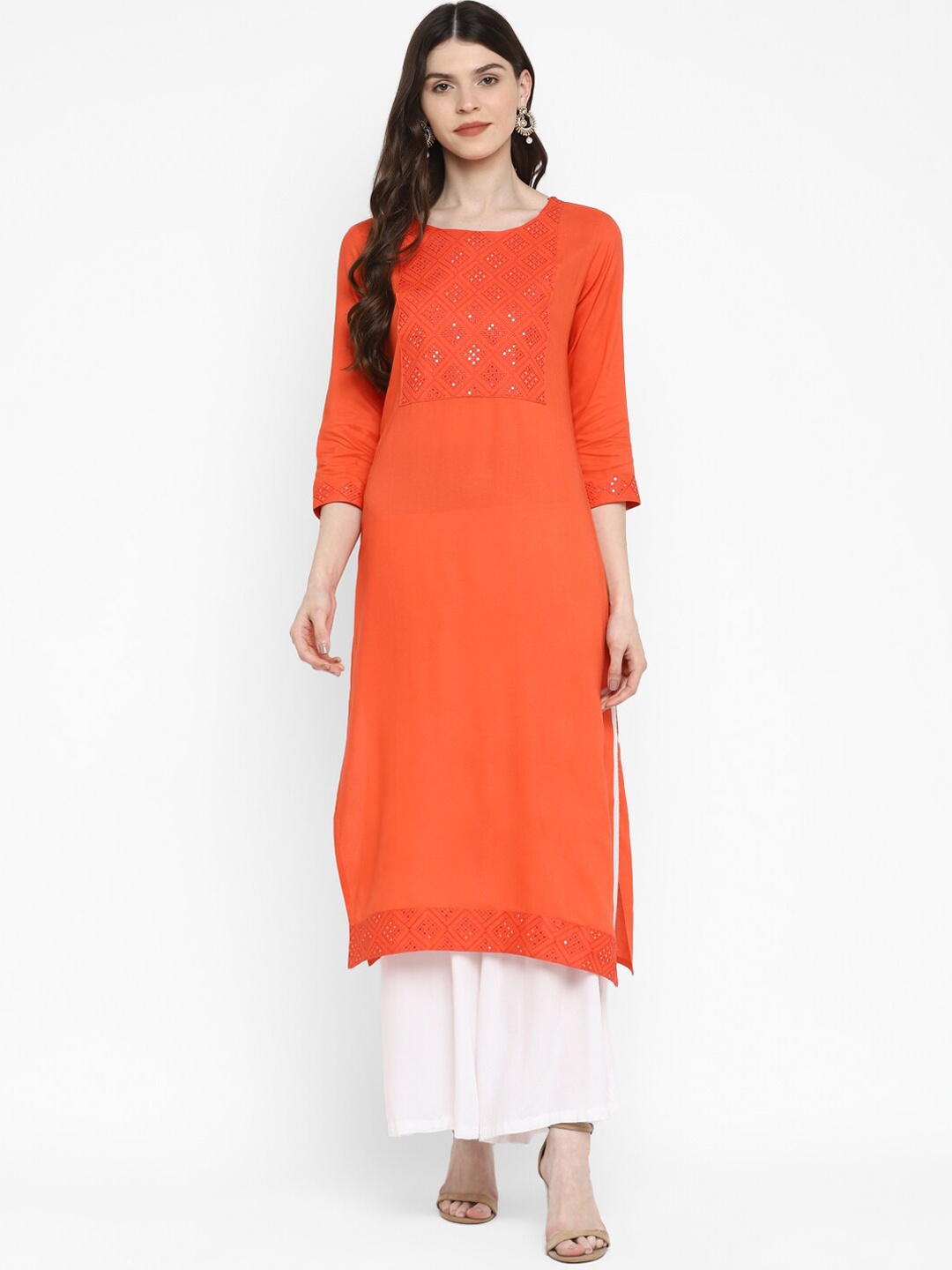 

Vbuyz Women Coral Orange Geometric Embellished Kurta