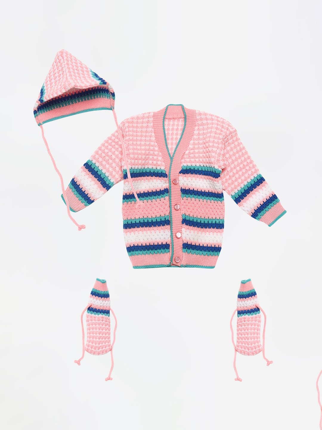 

FABNEST Unisex Kids Pink Striped Cardigan Sweater with Cap and Socks