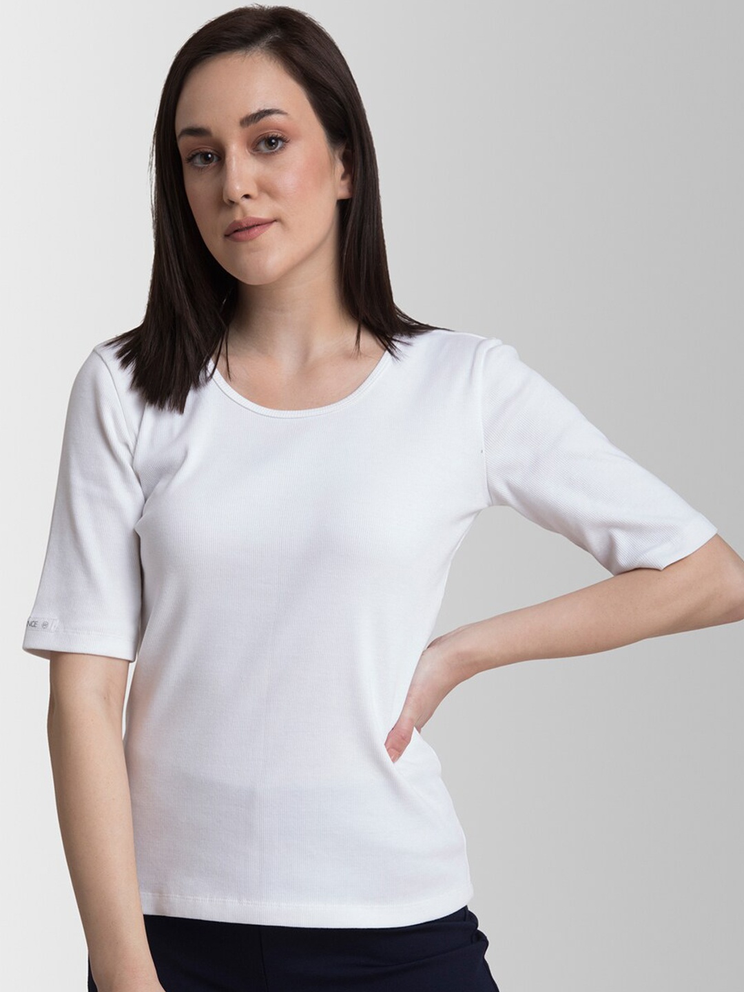 

FableStreet Women White Solid Round Neck 4 Way Stretch Livin T-shirt