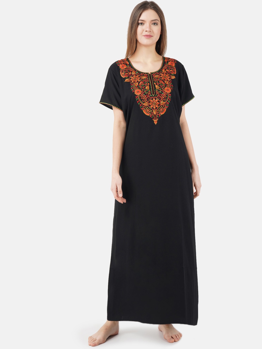 

KOI SLEEPWEAR Woman Black & Orange Embroidered Cotton Maxi Nightdress