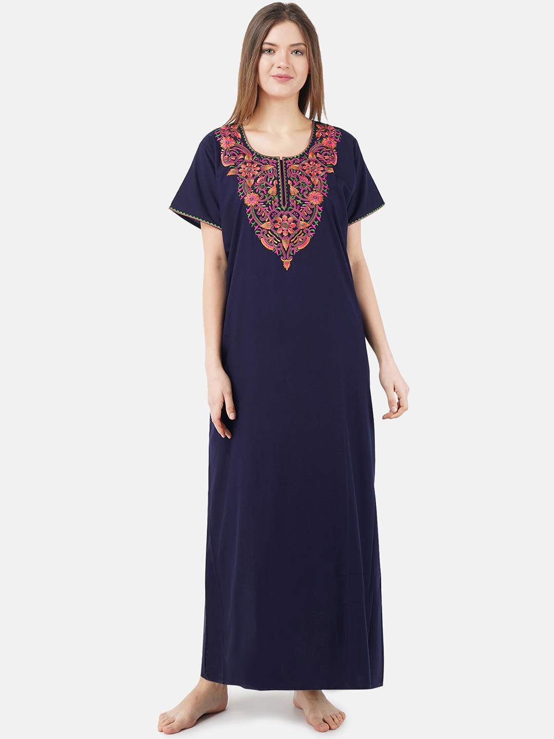 KOI SLEEPWEAR Navy Blue & Pink Embroidered Cotton Nightdress