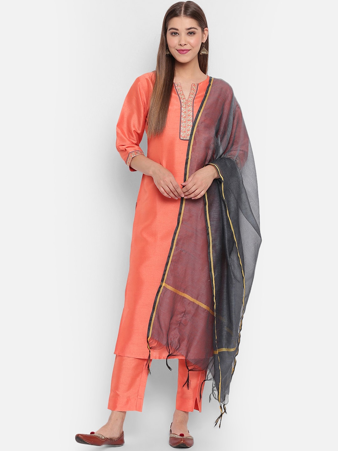 

Janasya Women Peach-Coloured & Grey Yoke Design Kurta with Churidar & Dupatta