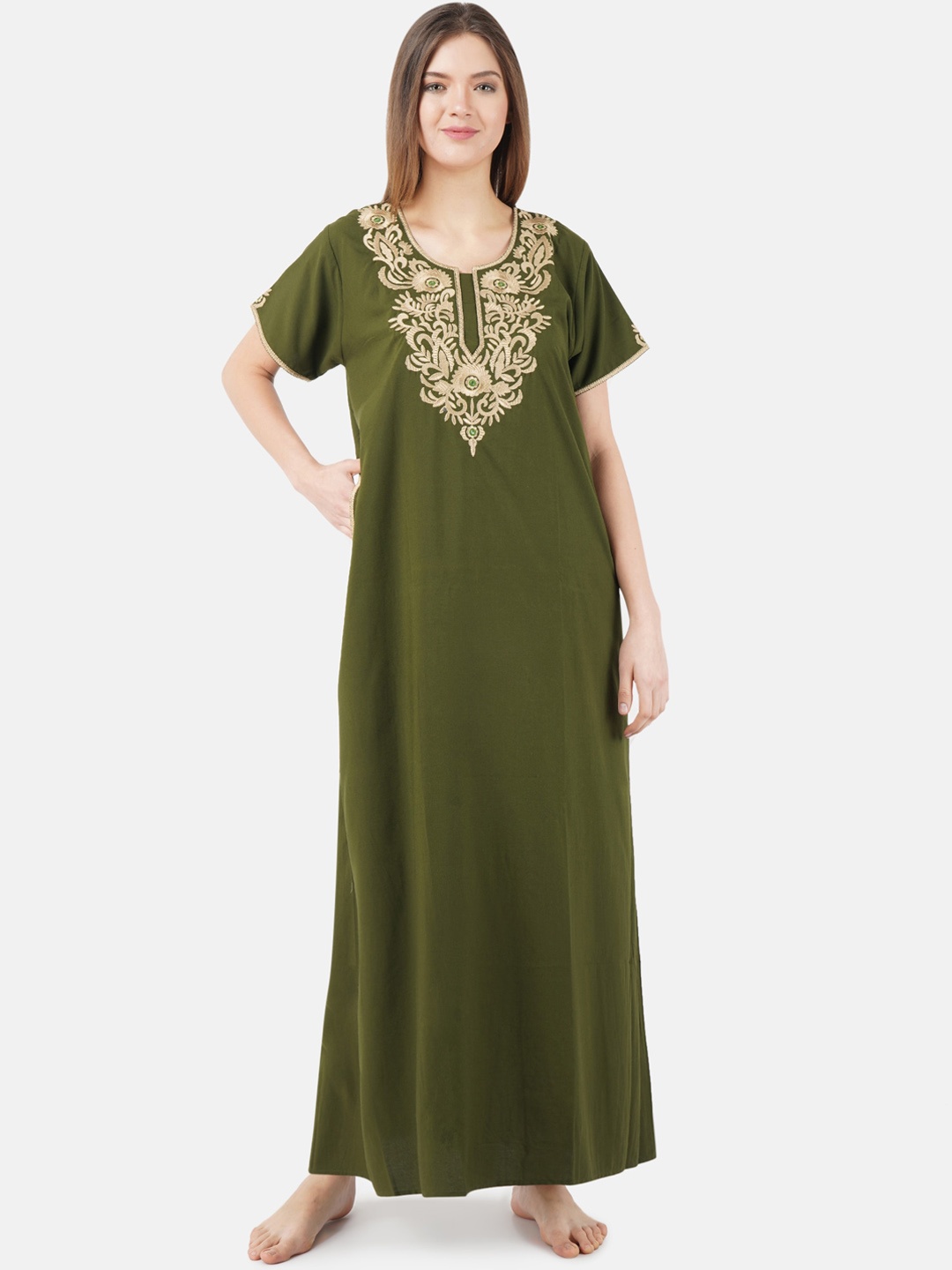 

KOI SLEEPWEAR Olive Green Embroidered Nightdress