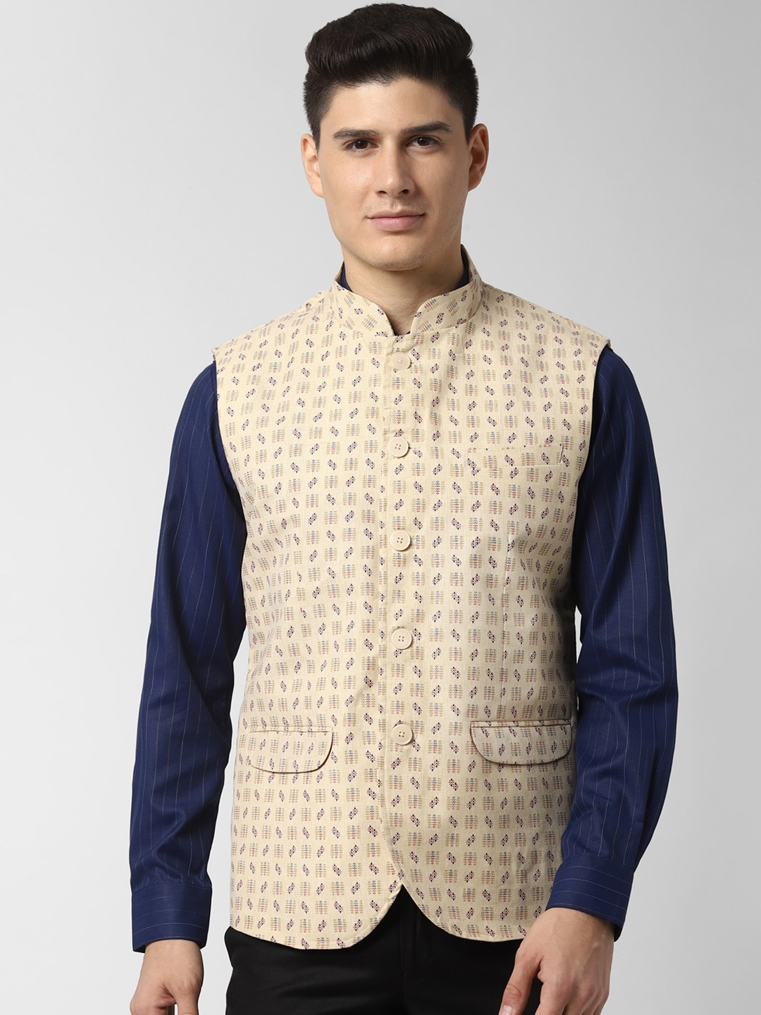 

Peter England Elite Men Beige Printed Nehru Jacket