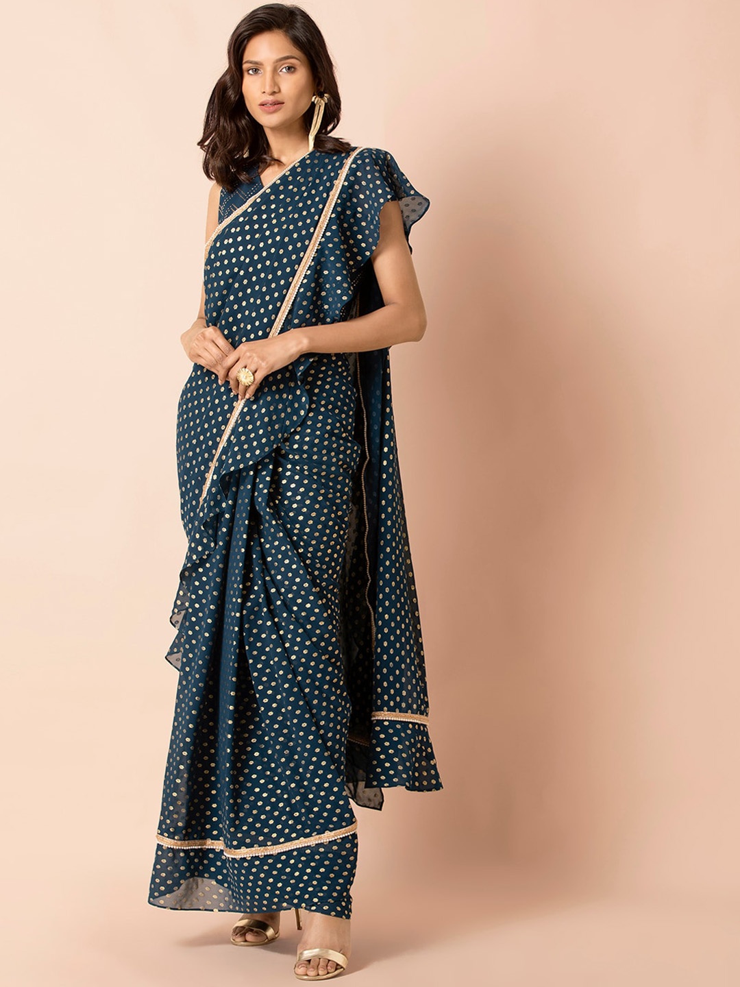

INDYA Green Printed Ruffled Ready to Wear Saree