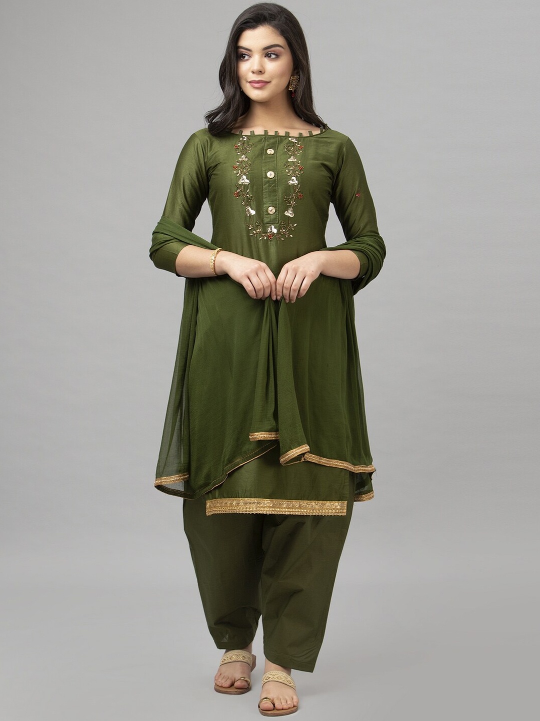 

Satrani Green & Gold-Toned Pure Cotton Unstitched Dress Material