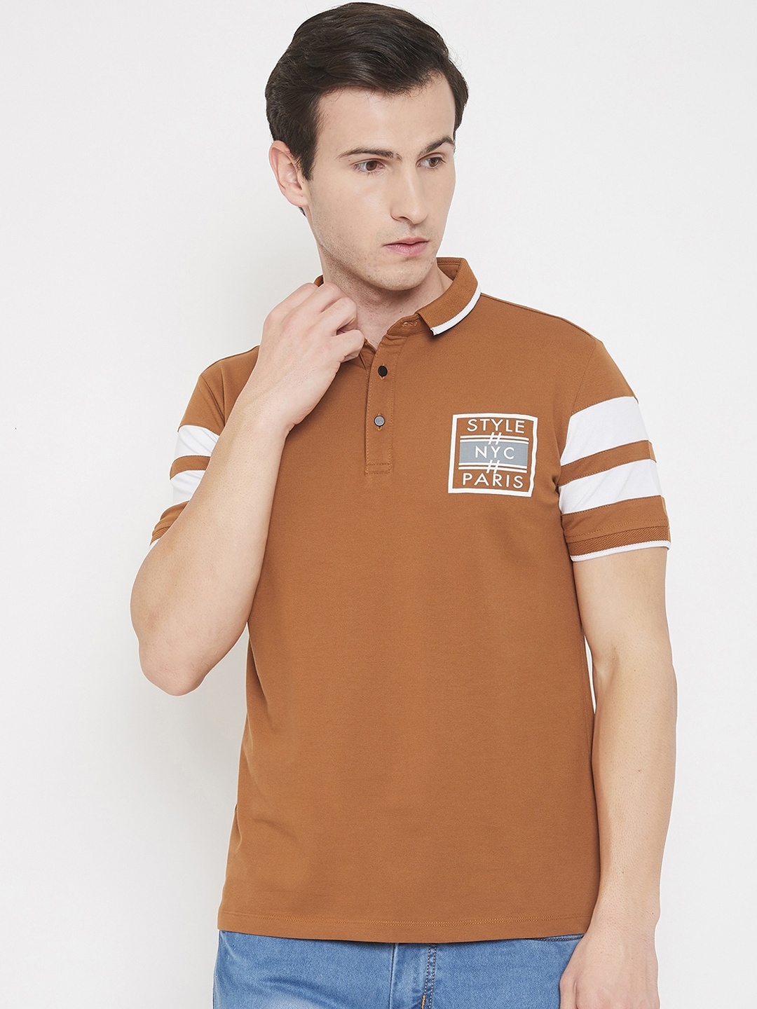 

QUBIC Men Brown Printed Polo Collar T-shirt
