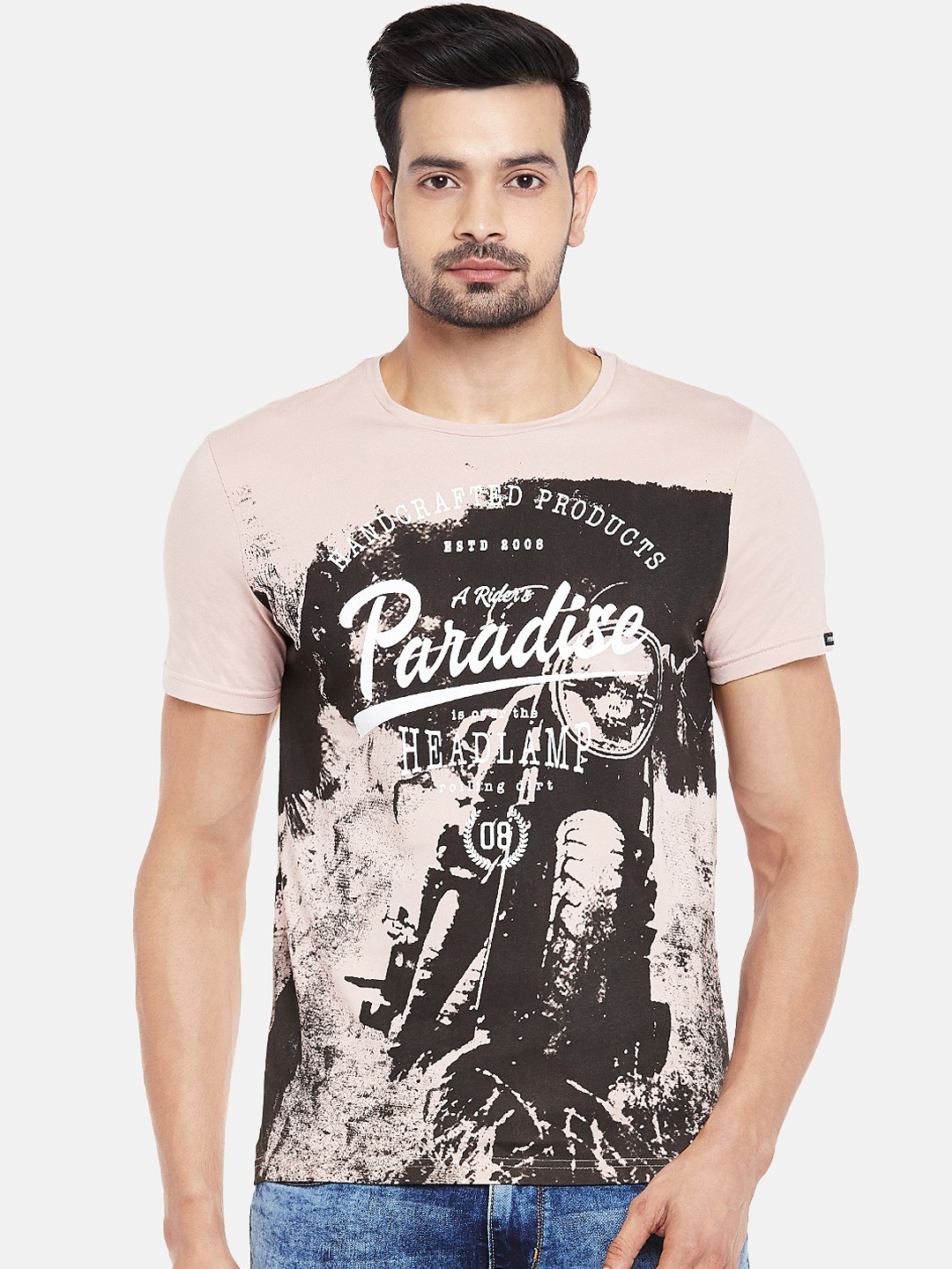 

People Men Pink Printed Round Neck T-shirt