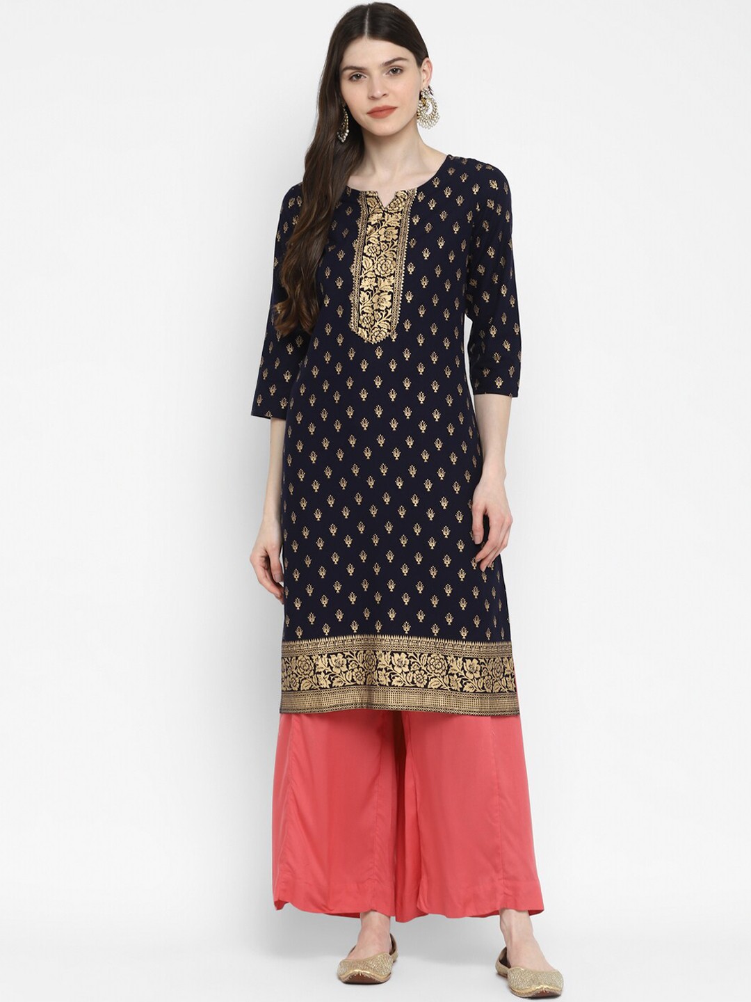 

Vbuyz Women Navy Blue Ethnic Motifs Printed Cotton Kurta