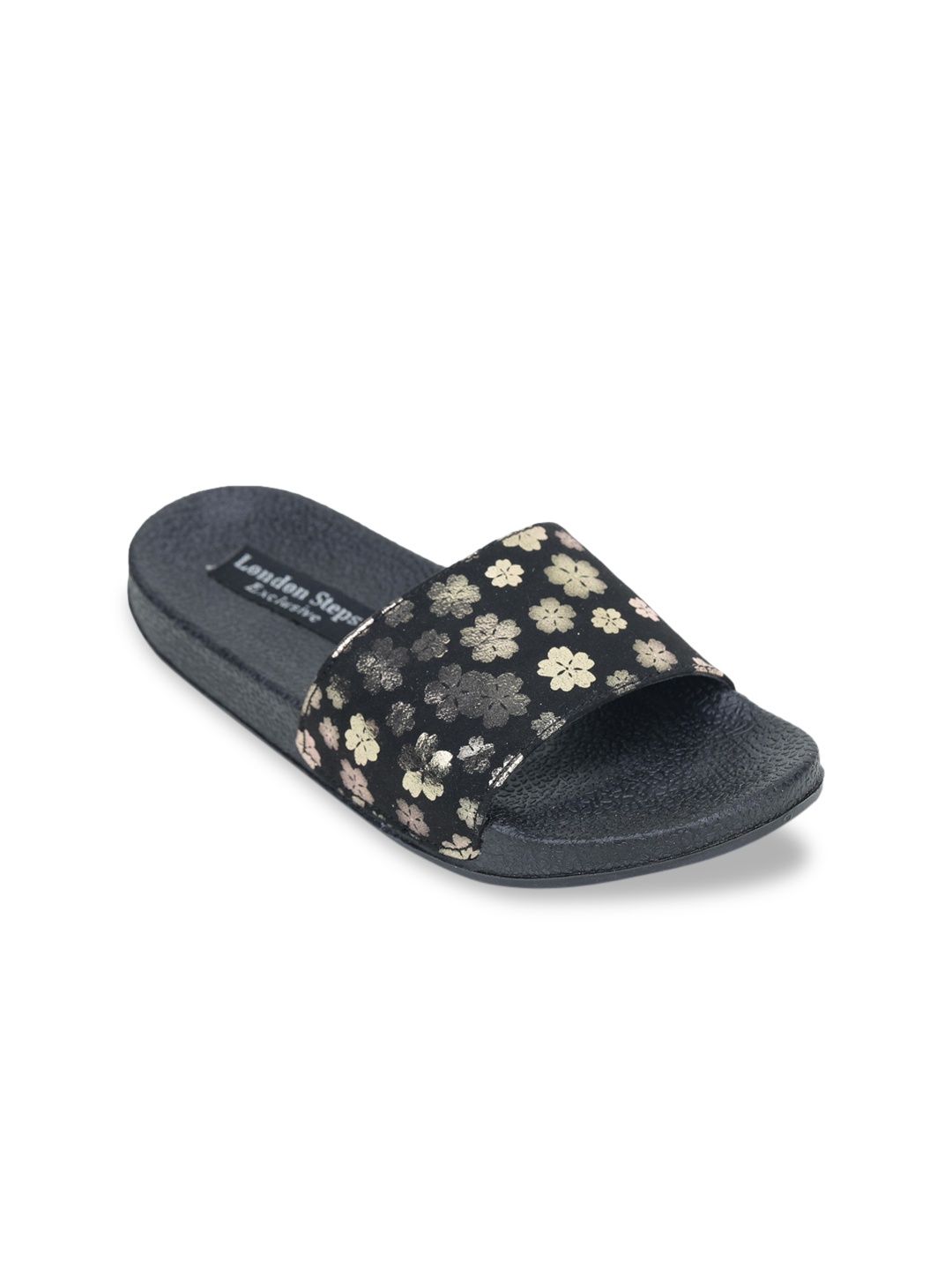 

LONDON STEPS Women Black & Gold-Toned Printed Sliders
