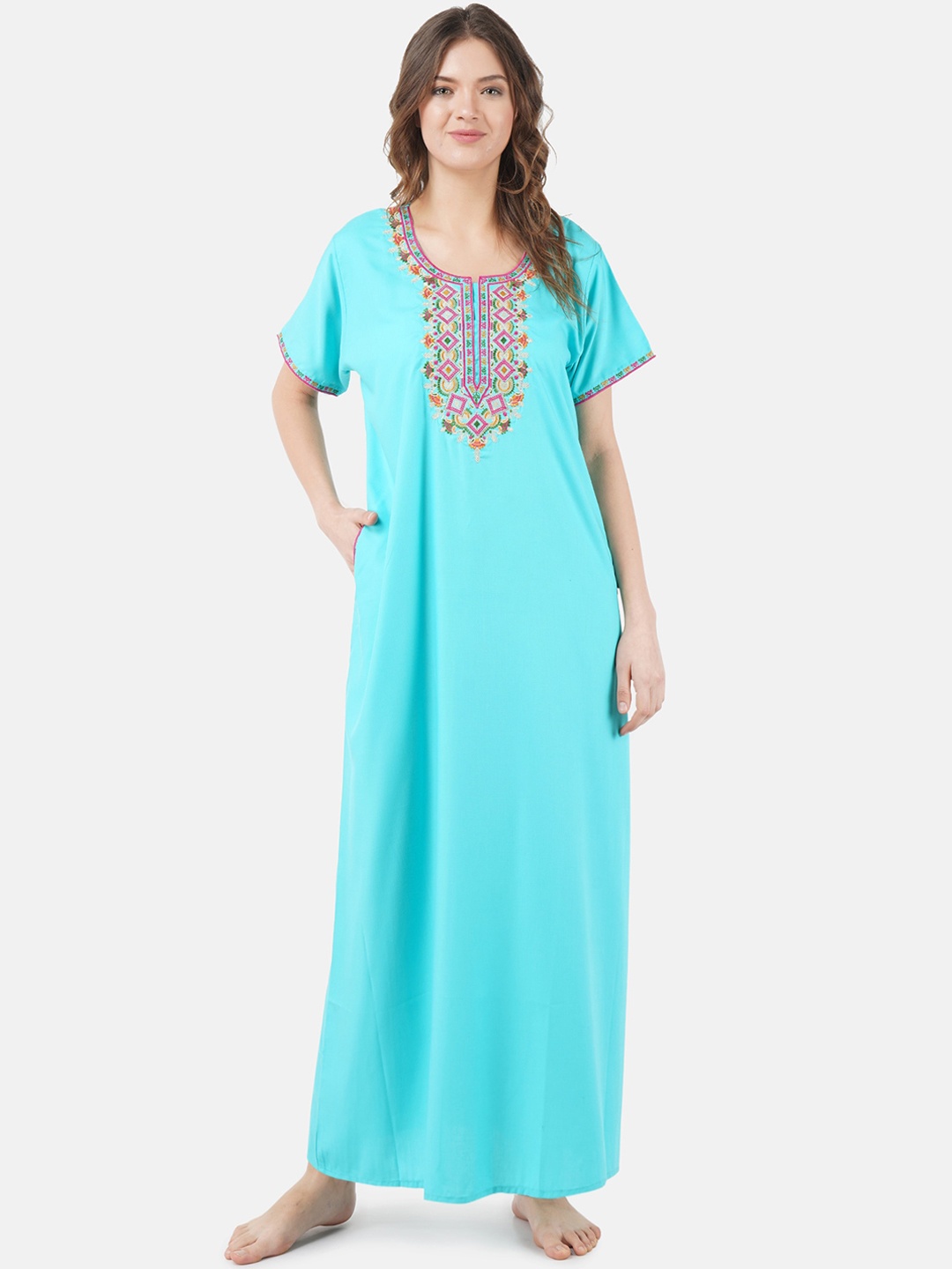 

KOI SLEEPWEAR Turquoise Blue & Pink Embroidered Cotton Nightdress