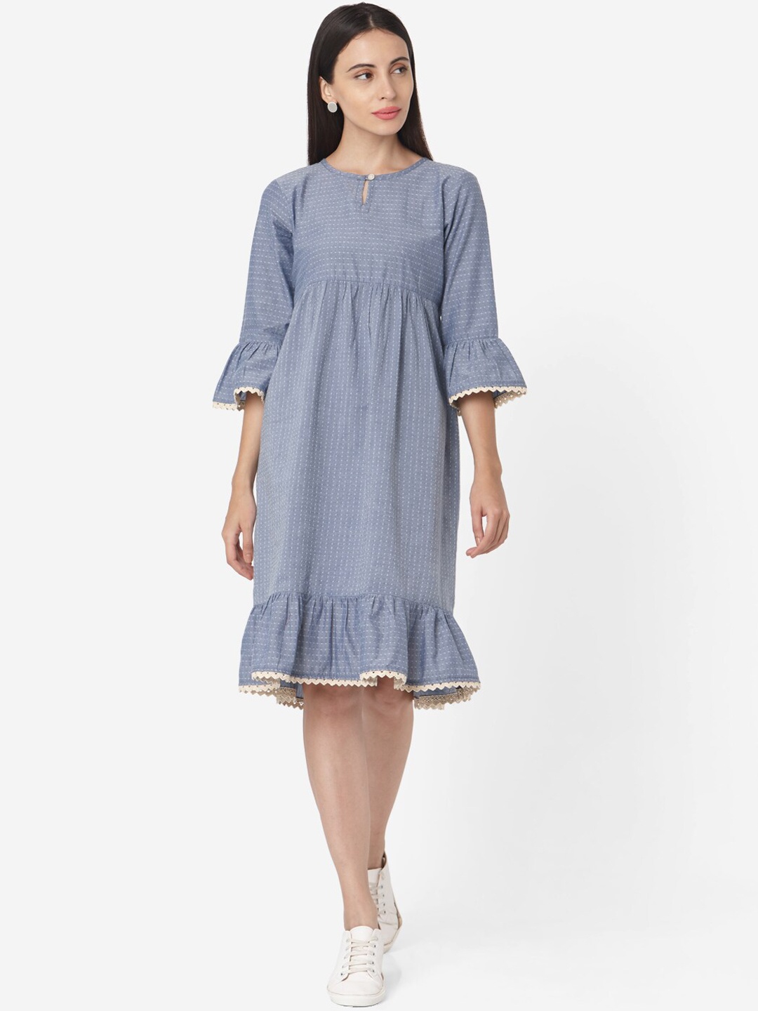 

Saanjh Women Blue Striped A-Line Dress