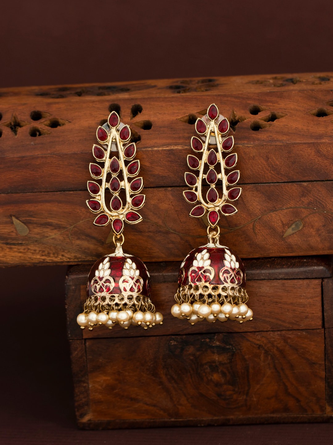 

Sukkhi Maroon & Gold-Plated Meenakari Dome Shaped Jhumkas
