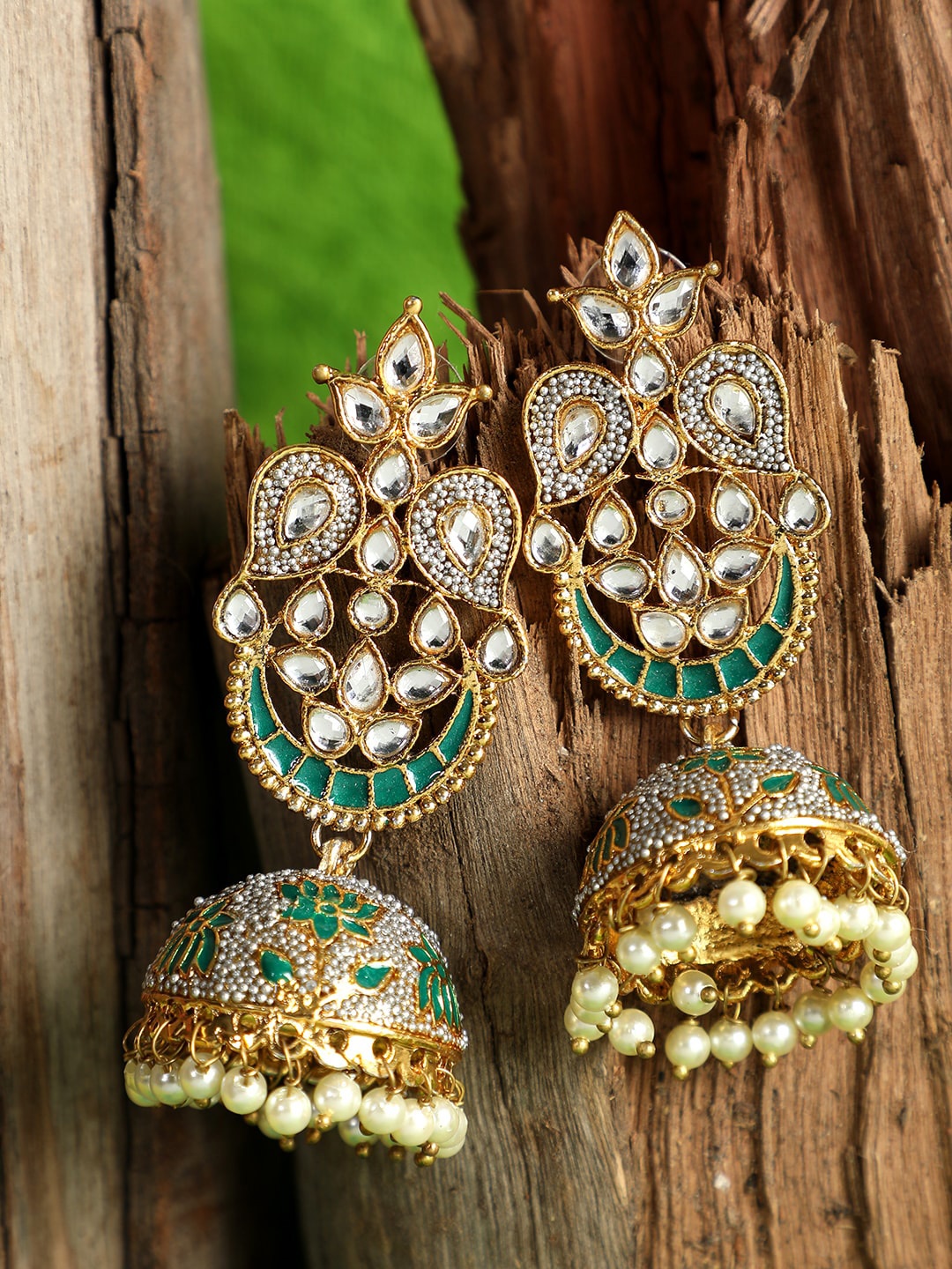 

ANIKAS CREATION Green Gold-Plated Dome Shaped Jhumkas