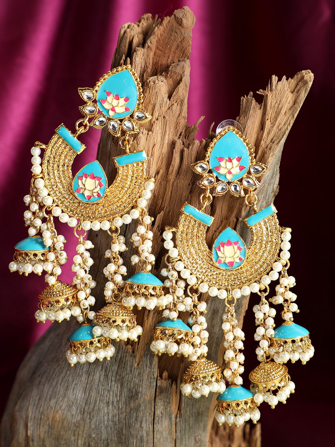 

ANIKAS CREATION Gold-Plated & Turquoise Blue Contemporary Jhumkas