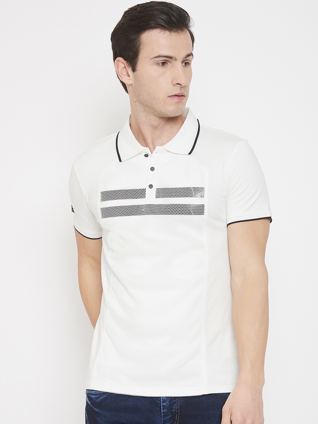 QUBIC Men White Self Design Polo Collar T-shirt