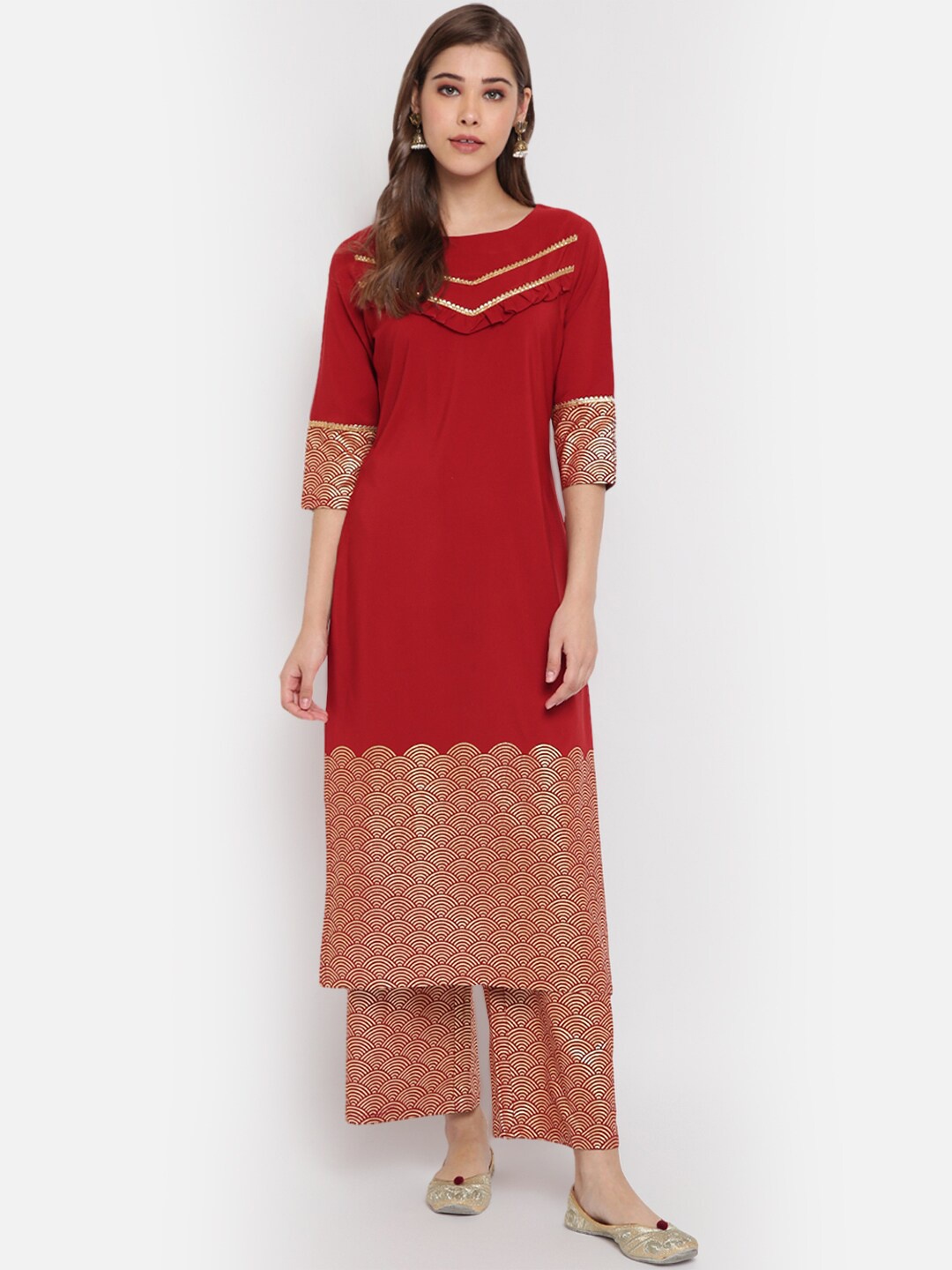 

Janasya Women Red & Gold-Toned Printed Kurta with Palazzos