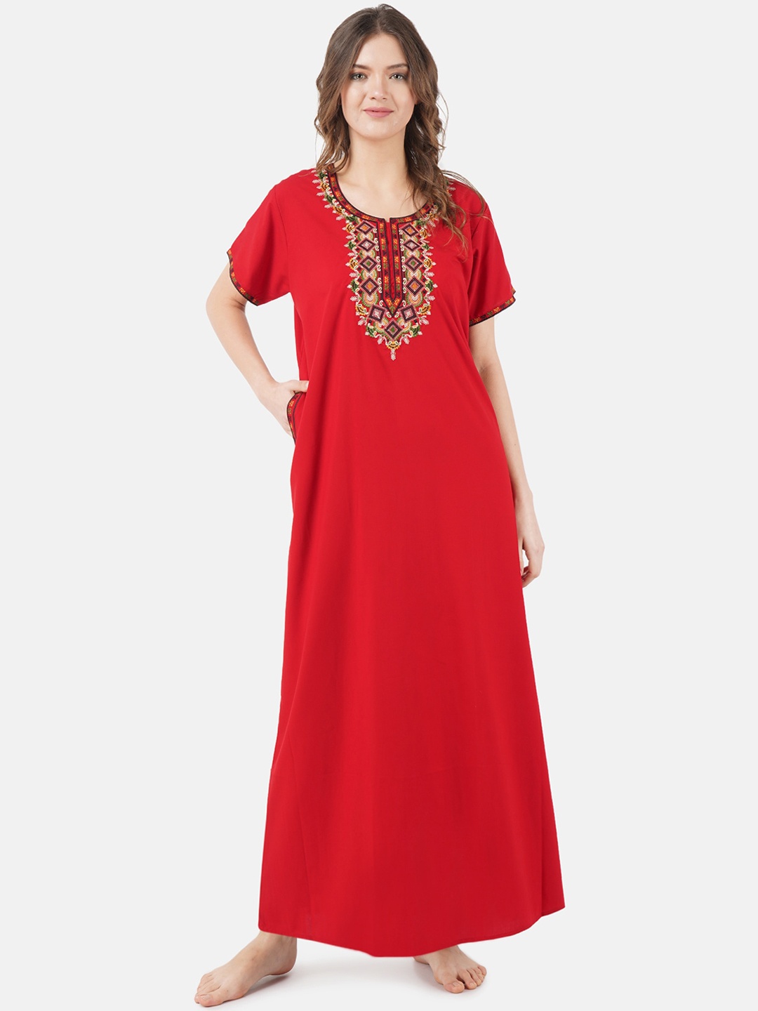 

KOI SLEEPWEAR Red Embroidered Lissybissy Cotton Maxi Nightdress