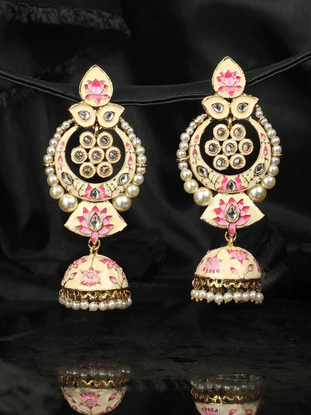 

ANIKAS CREATION Pink Gold-Plated Meenakari Contemporary Jhumkas