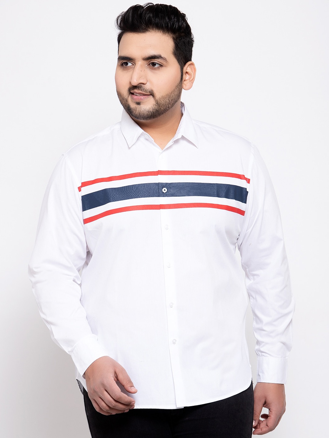 

plusS Men White & Navy Blue Regular Fit Striped Casual Shirt