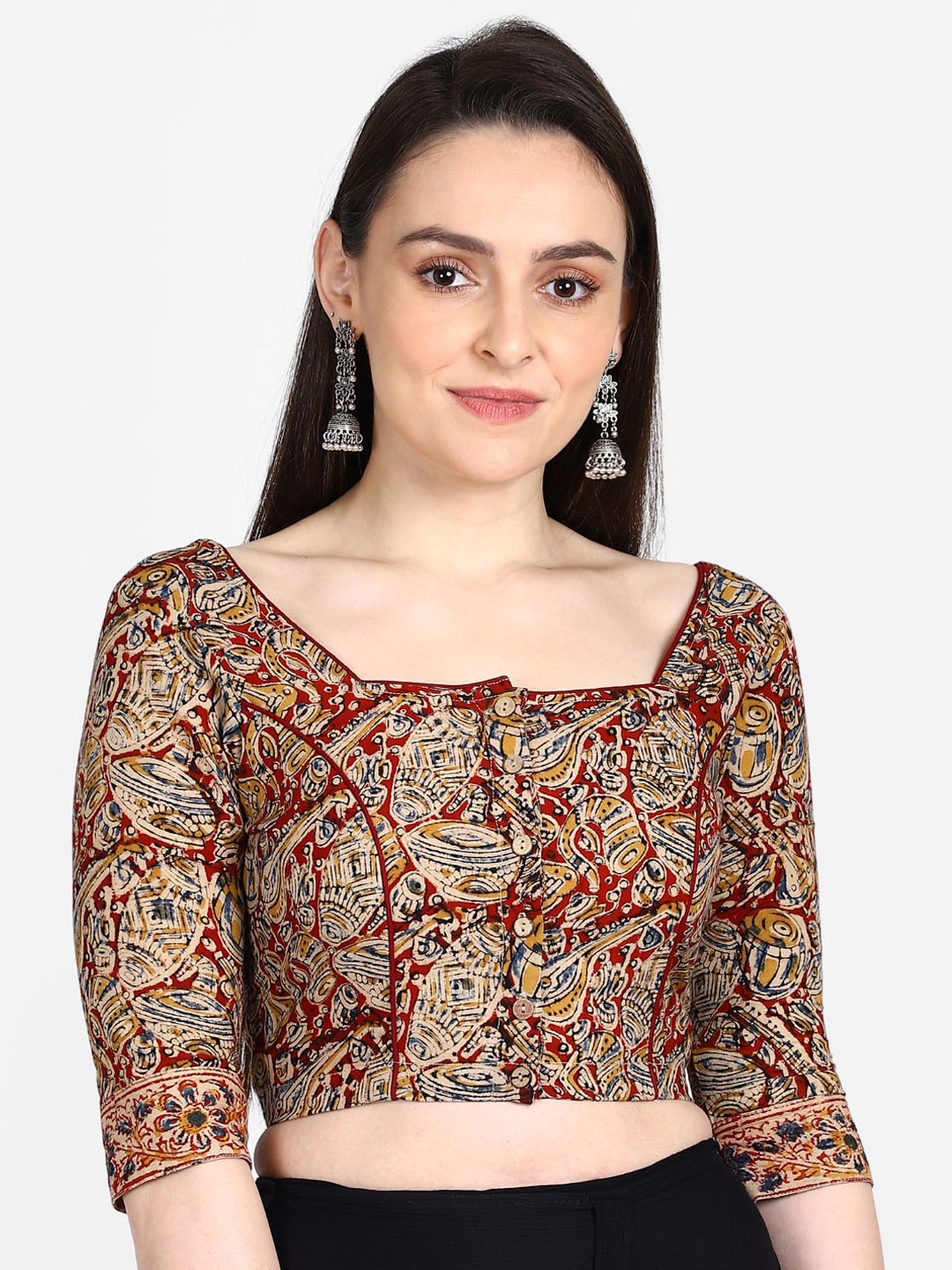 

THE WEAVE TRAVELLER Women Red & Beige Kalamkari Hand Block Printed Sustainable Saree Blouse