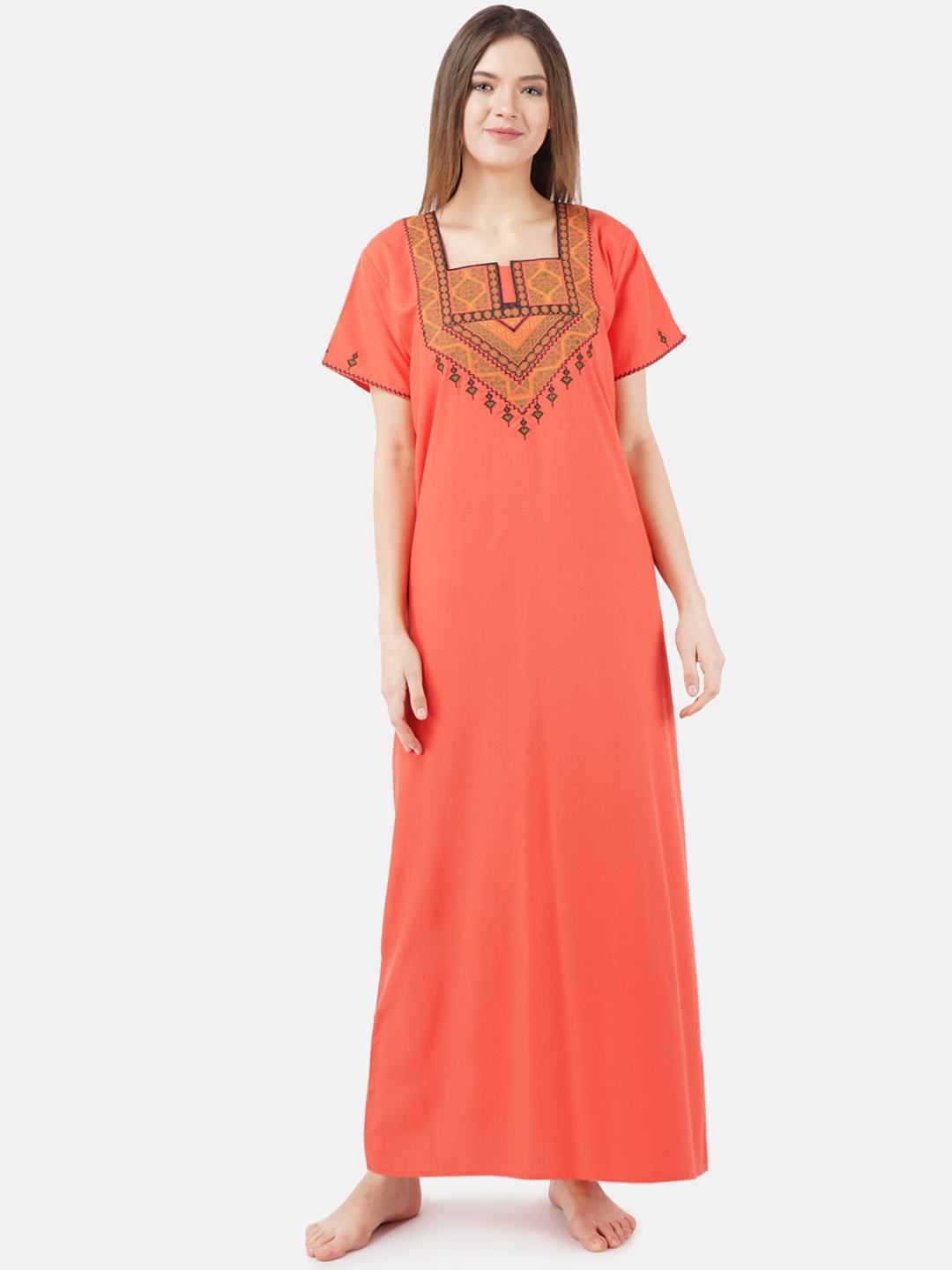 

KOI SLEEPWEAR Orange Embroidered Lissybissy Cotton Maxi Nightdress