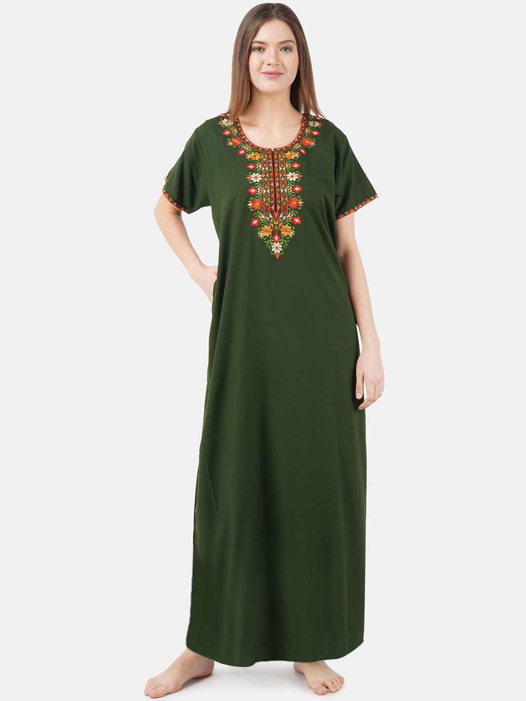 

KOI SLEEPWEAR Olive Green & White Embroidered Lissybissy Cotton Nightdress