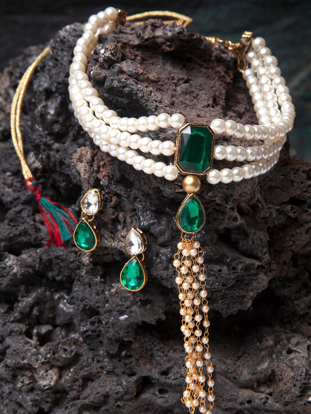 

ANIKAS CREATION Gold-Plated Green & White Stone-Studded Pearl Embellished Handcrafted Jewellery Set