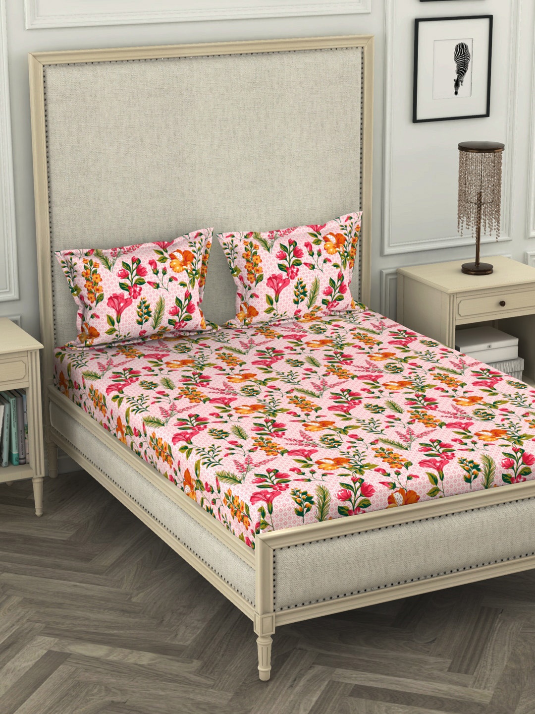 

BIANCA White & Pink Floral 110 TC Cotton 1 King Bedsheet with 2 Pillow Covers