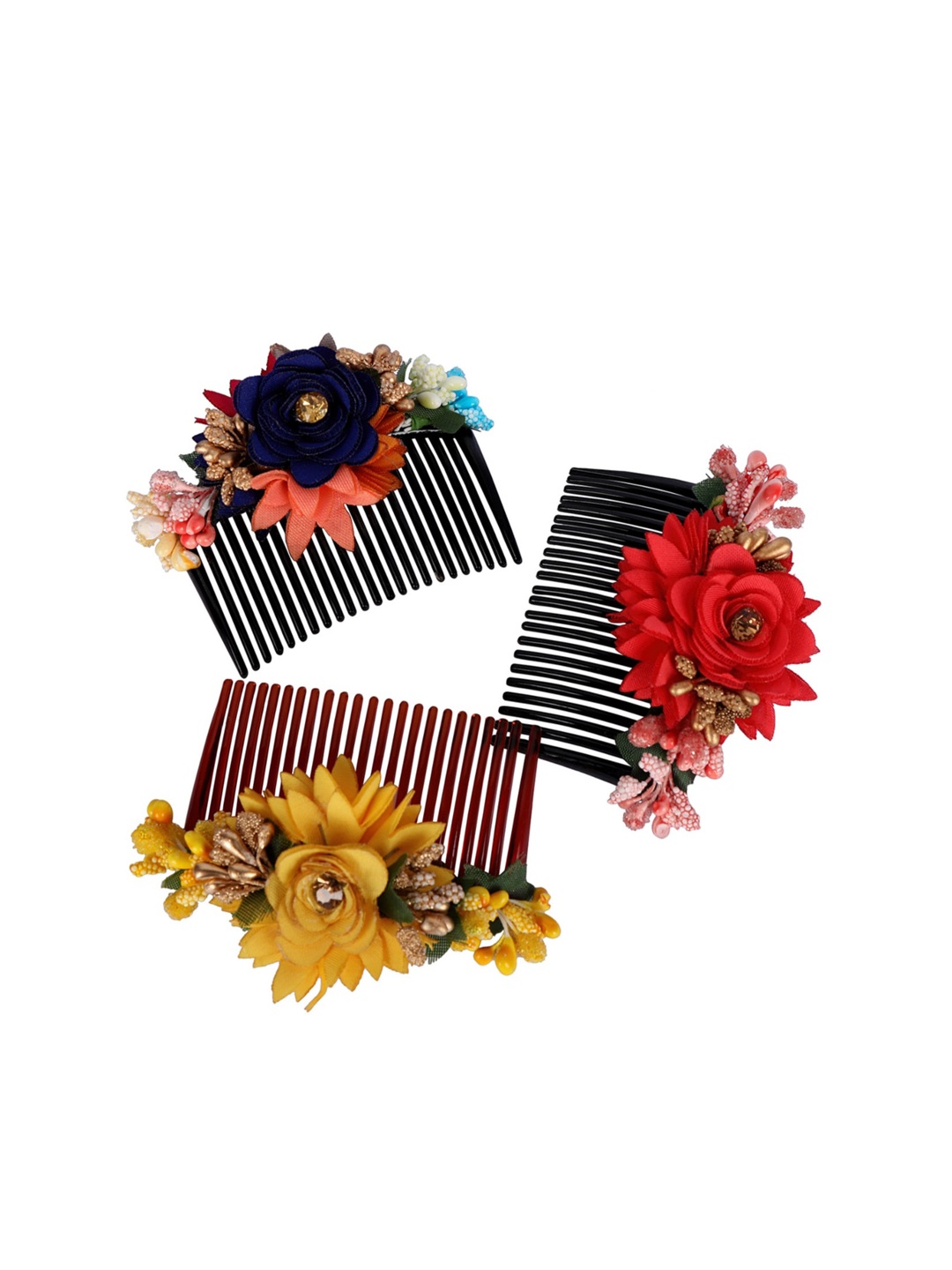 AccessHer Women Set Of 3 Multicoloured Floral Beaded Comb Pins, Red