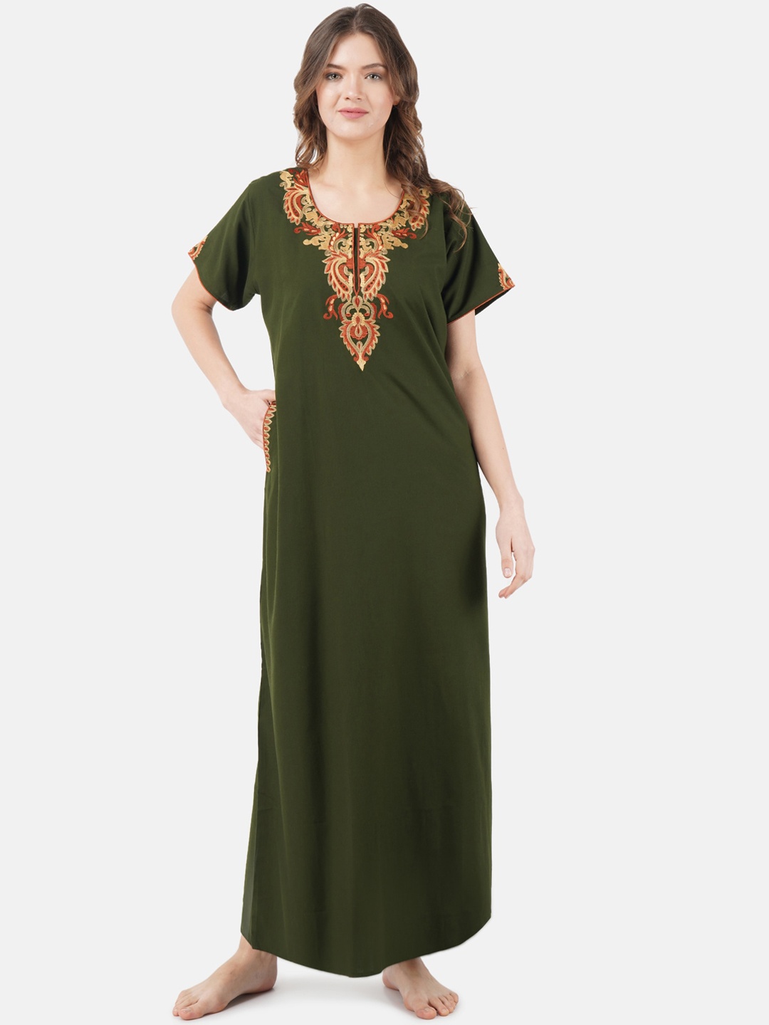 

KOI SLEEPWEAR Olive Green & Beige Embroidered Lissybissy Cotton Maxi Nightdress