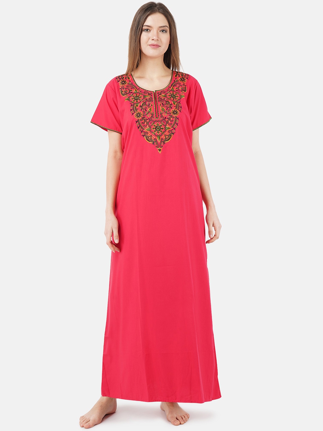 

KOI SLEEPWEAR Pink & Green Embroidered Cotton Nightdress