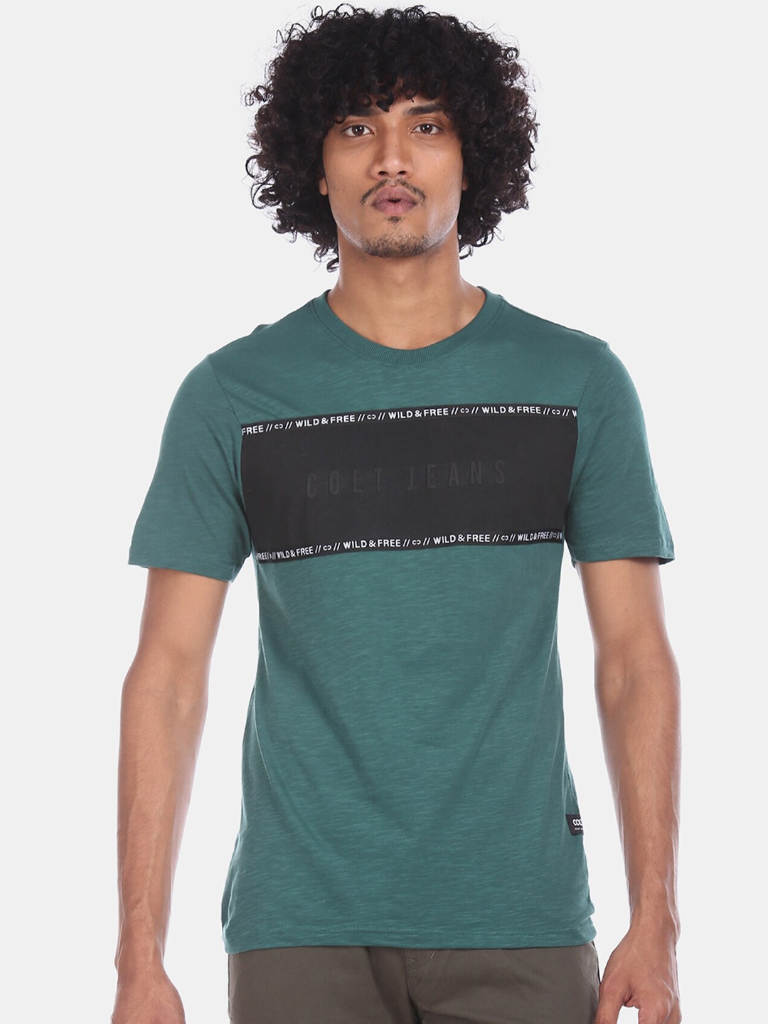 

Colt Men Green Printed Round Neck Cotton Pure Cotton T-shirt