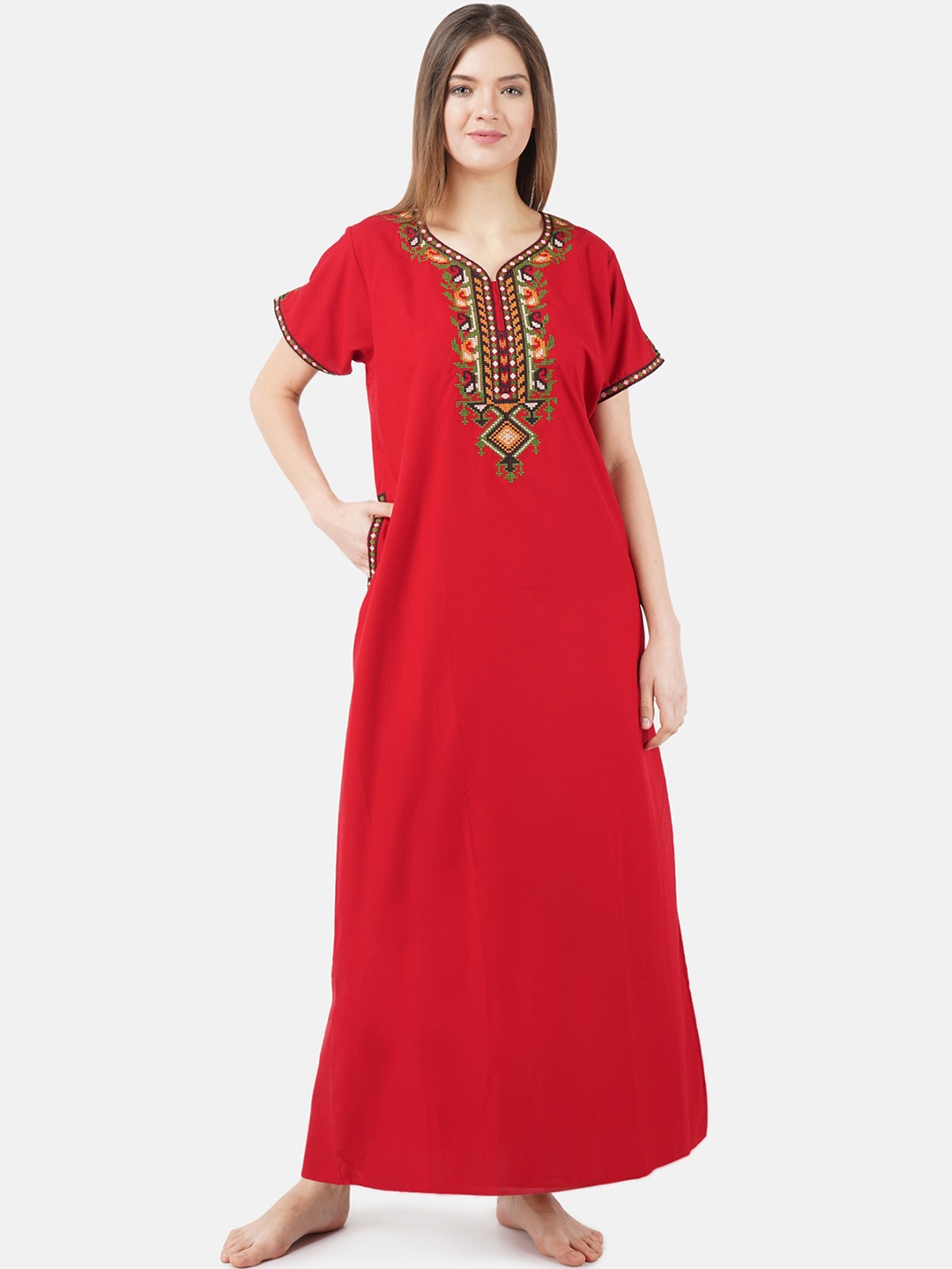 

KOI SLEEPWEAR Red Embroidered Lissybissy Cotton Maxi Nightdress