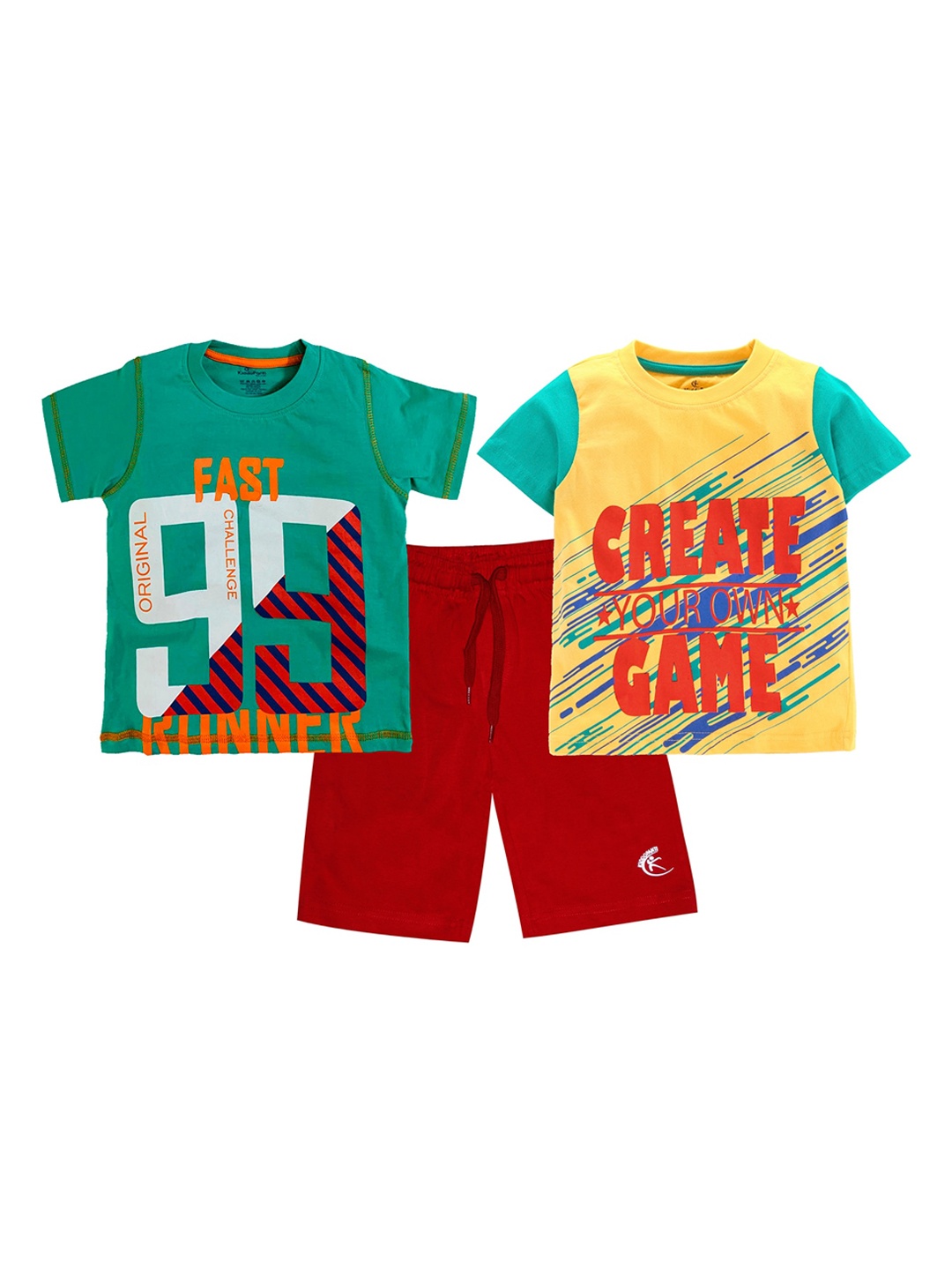 KiddoPanti Boys Green & Cream-Coloured Printed T-shirt with Shorts