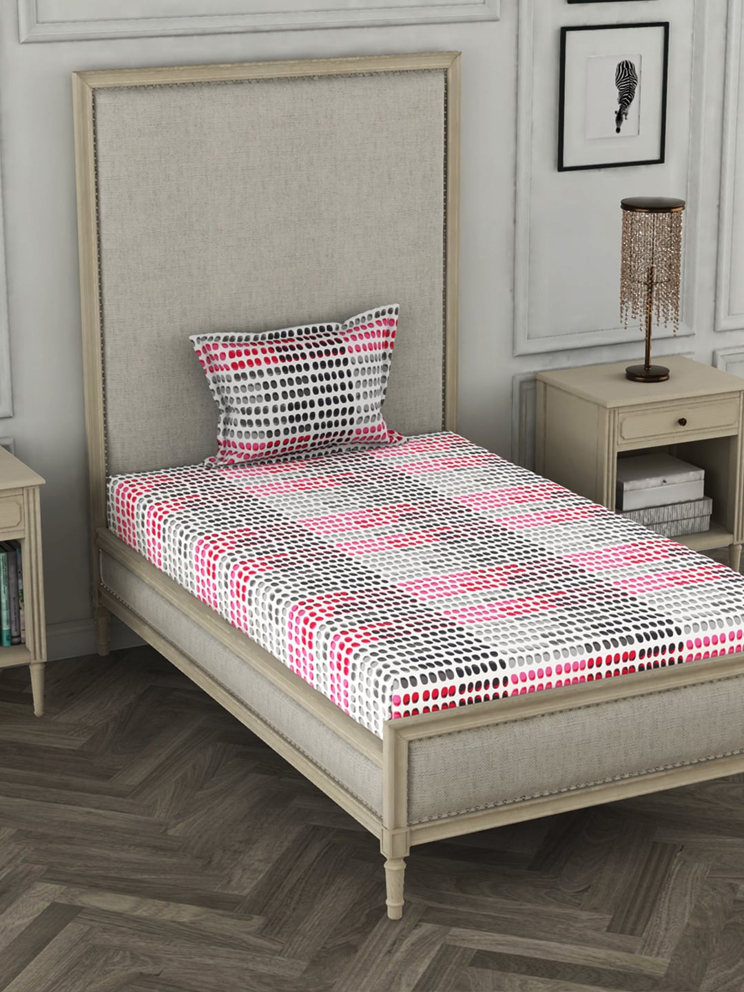 

BIANCA White & Pink Geometric 110 TC Cotton 1 Single Bedsheet with 1 Pillow Cover