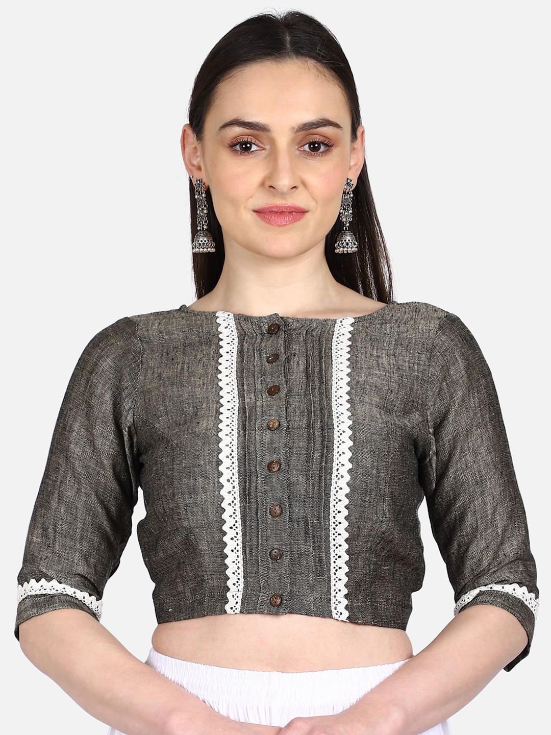 

THE WEAVE TRAVELLER Women Grey Solid Linen Saree Blouse