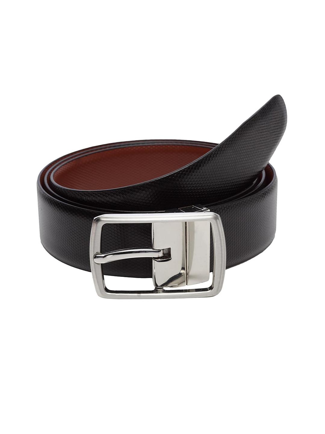 

WELBAWT Men Black & Brown Textured Leather Slim Reversible Belt