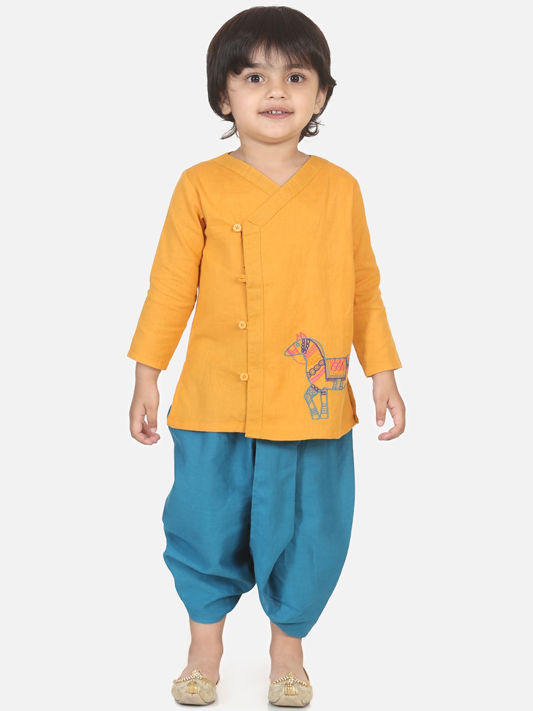 

BownBee Boys Yellow & Blue Solid Kurta with Dhoti Pants
