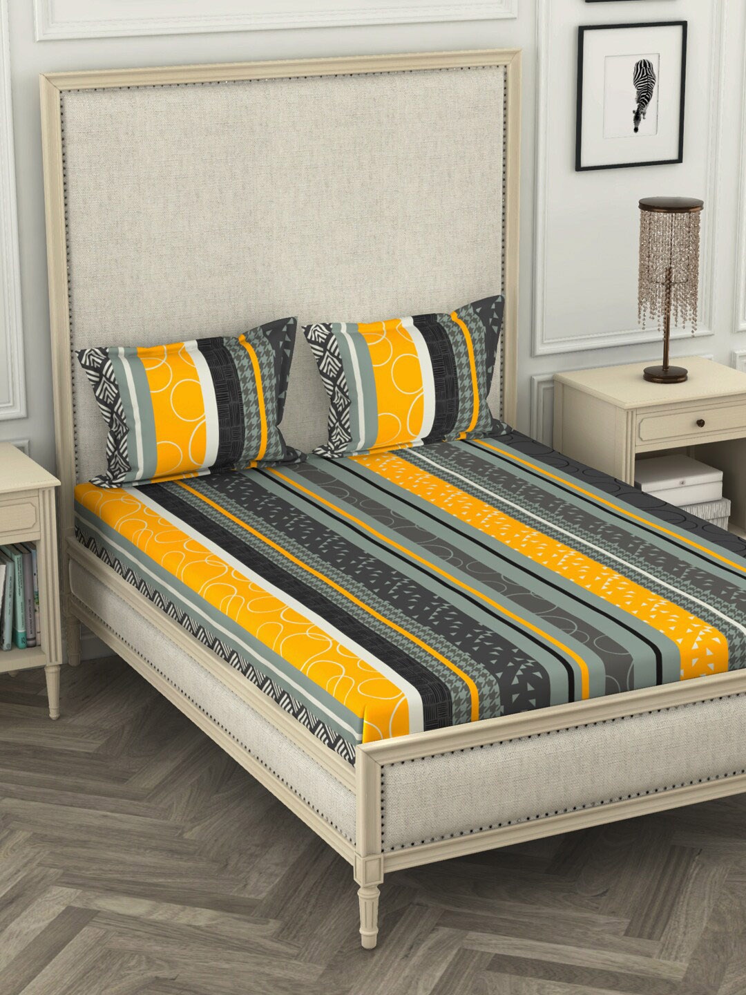 

KOPA Grey & Yellow Striped 110 TC Cotton 1 King Bedsheet with 2 Pillow Covers