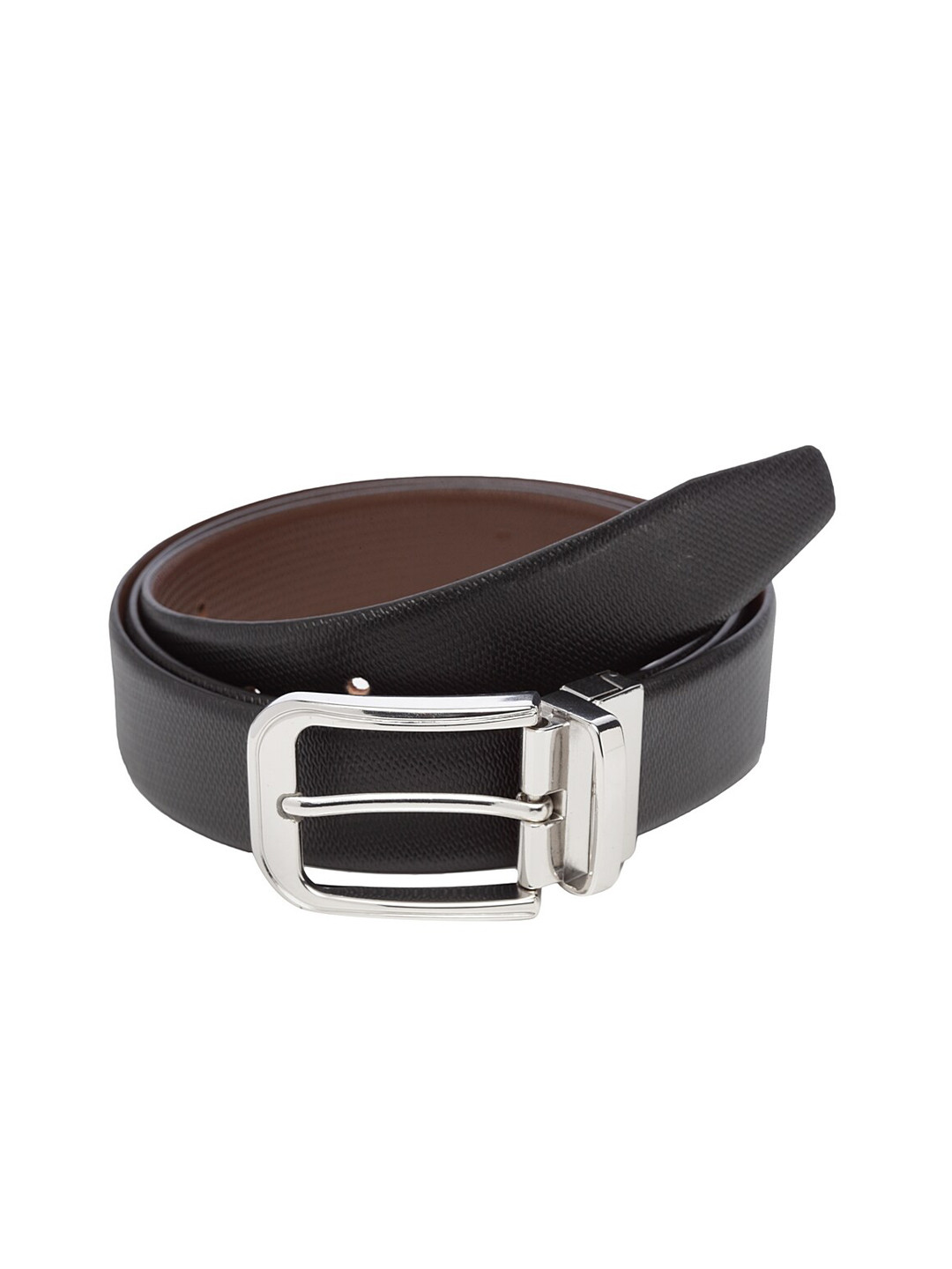 

WELBAWT Men Black & Brown Textured Leather Slim Reversible Belt