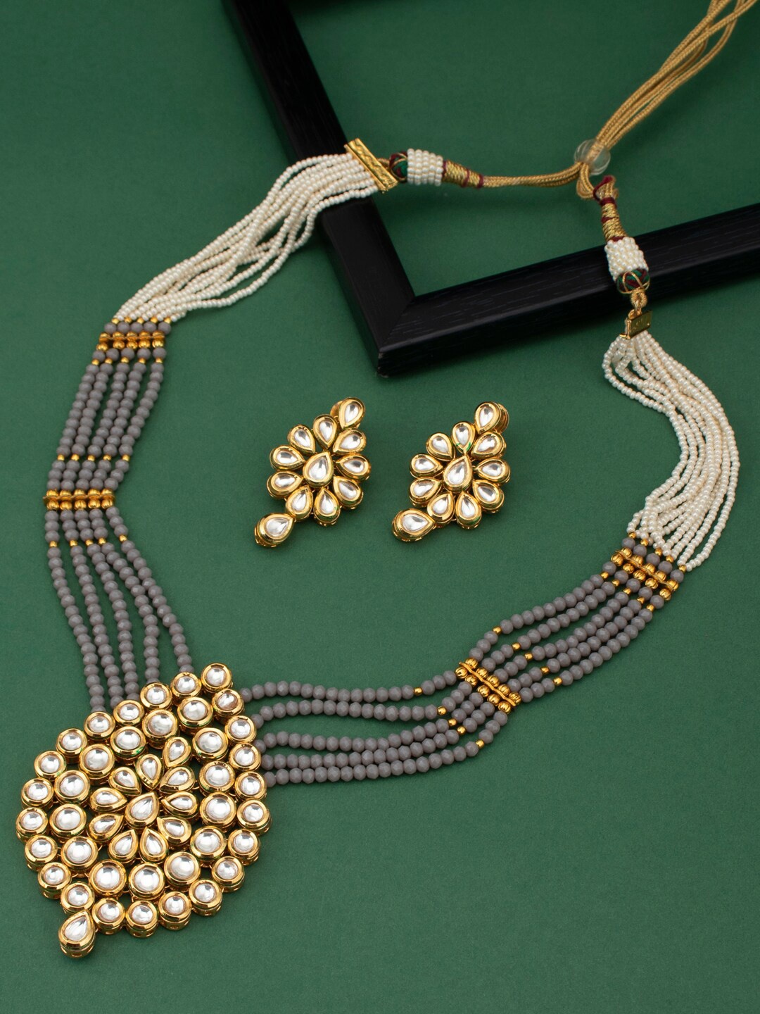 

Sukkhi Gold-Plated Grey & White Kundan-Studded Pearl Beaded Jewellery Set