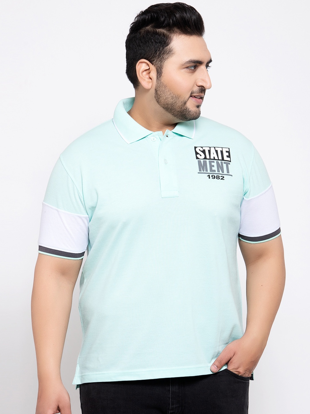 

plusS Men Sea Green White Printed Polo Collar Cotton Pure Cotton T-shirt