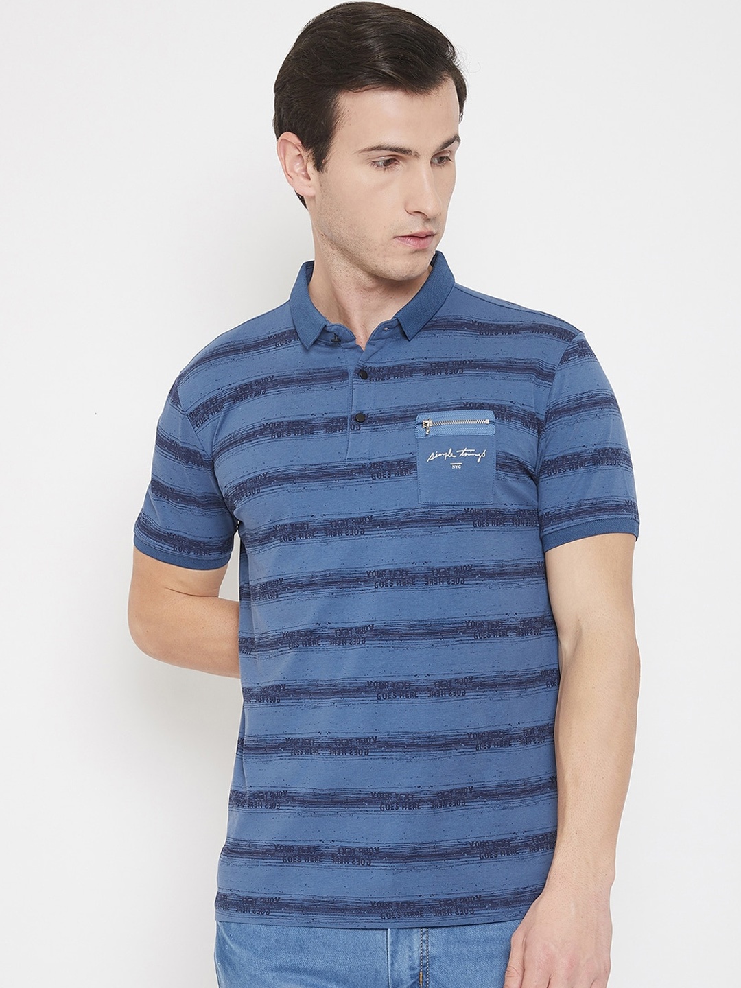 

QUBIC Men Blue Striped Polo Collar T-shirt